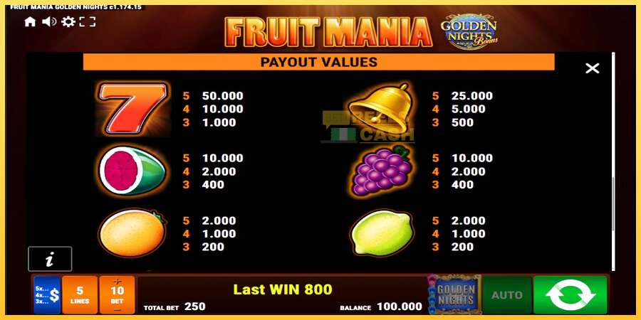 Fruit Mania Golden Nights акча үчүн оюн машинасы, сүрөт 7